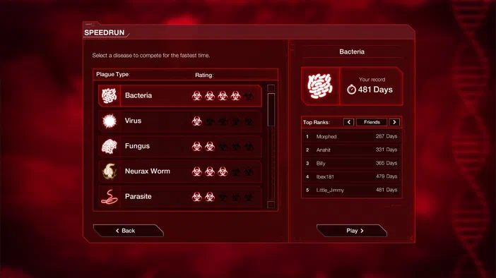 Capture d'écran du menu de jeu Plague Inc: Evolved affichant la sélection des types de maladies et les classements pour le mode Speedrun.