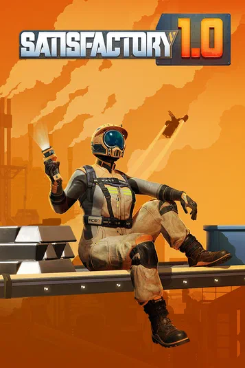 Personnage du jeu vidéo Satisfactory assis sur une structure industrielle avec des fumées en arrière-plan