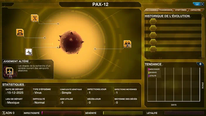 Interface de jeu Plague Inc: Evolved affichant une carte d'évolution avec des statistiques et graphiques.