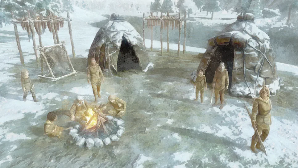 Dawn of Man Dans le jeu Dawn of Man, un campement de tribus primitives en hiver avec des tipis couverts de neige et plusieurs personnages autour d'un feu.