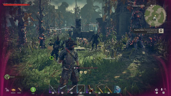 Capture d'écran du jeu Windrose montrant un personnage en armure dans une zone de marais maudits avec des ennemis et l'interface utilisateur visible.