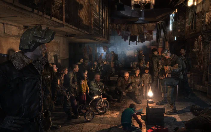 Dans le jeu vidéo Metro 2033, un groupe de survivants se rassemble dans une ruelle sombre et délabrée où l'un d'eux joue de la guitare.
