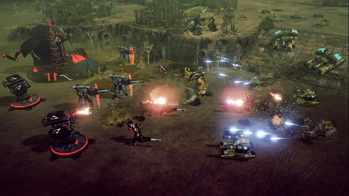 Dans Command & Conquer™ 4 Tiberian Twilight, des unités de l'Alliance et du GDI s'affrontent au milieu d'un champ de bataille dévasté.