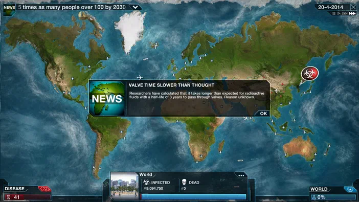 Capture d'écran du jeu vidéo Plague Inc: Evolved montrant une carte mondiale avec un panneau de news et des statistiques de maladie en bas.