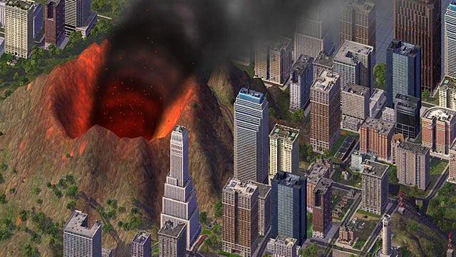 Dans le jeu SimCity 4 Deluxe, une ville moderne est menacée par un volcan en éruption qui projette du magma et des nuages de cendres noires.