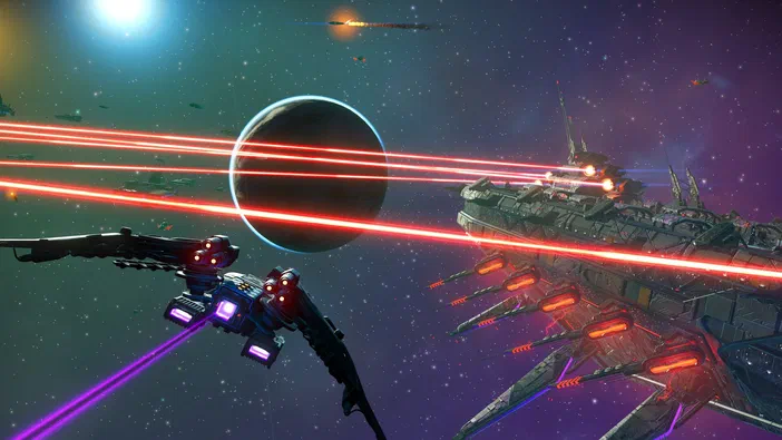 Dans l'univers de No Man's Sky, deux vaisseaux spatiaux s'affrontent en tirant des lasers rouges et violets devant une planète sombre.