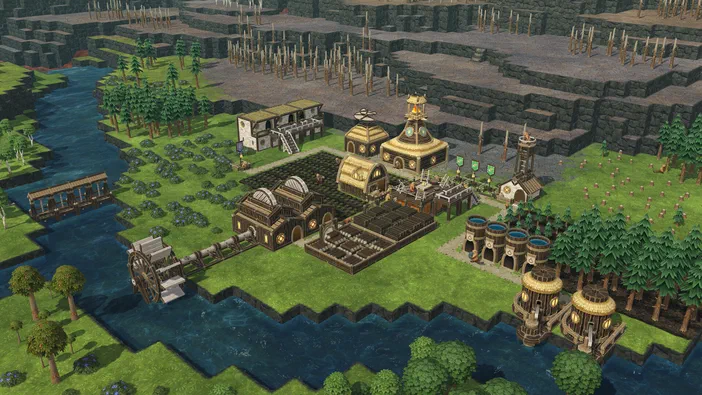 Vue aérienne d'une ville dans le jeu vidéo Timberborn avec des bâtiments en bois et une rivière.