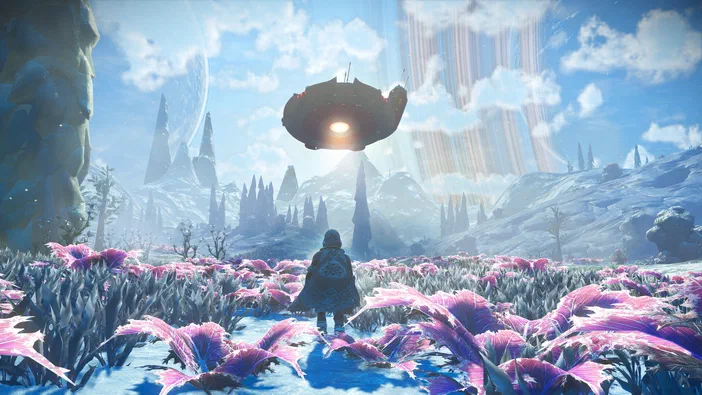 Dans le jeu No Man's Sky, un personnage en cape se tient au milieu d'un champ de fleurs roses sous un vaisseau spatial flottant.