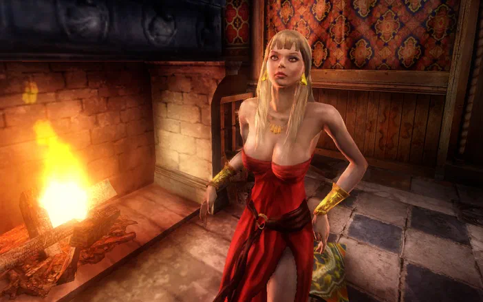 Capture d'écran du jeu The Witcher : Enhanced Edition montrant une femme blonde en robe rouge près d'un feu de cheminée dans un intérieur médiéval.