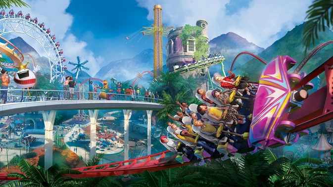 Vue d'un parc de divertissement virtuel avec des montagnes russes colorées et un grand manège en arrière-plan.