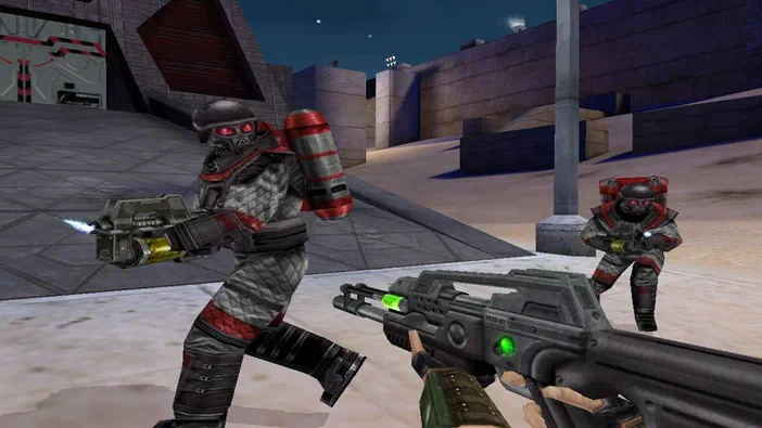 Capture d'écran du jeu Command & Conquer: Renegade montrant un soldat en armure futuriste tenant une arme à feu dans une zone urbaine.