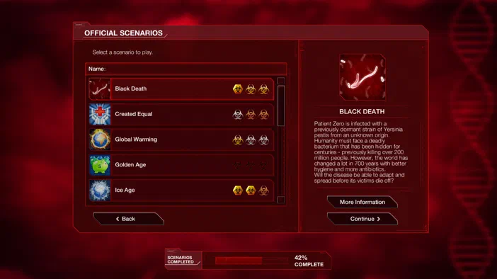 Capture d'écran du menu des scénarios de Plague Inc: Evolved, affichant la sélection 'Black Death' avec sa description.