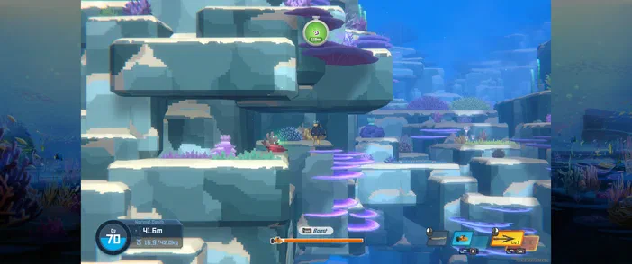 Capture d'écran du jeu vidéo Dave the Diver montrant un personnage récoltant des ingrédients dans une zone sous-marine colorée avec de la faune marine et l'interface utilisateur visible.