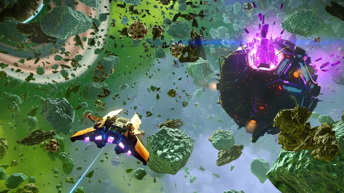 Dans l'espace de No Man's Sky, un vaisseau jaune tire sur une station violette au milieu d'un champ d'astéroïdes.