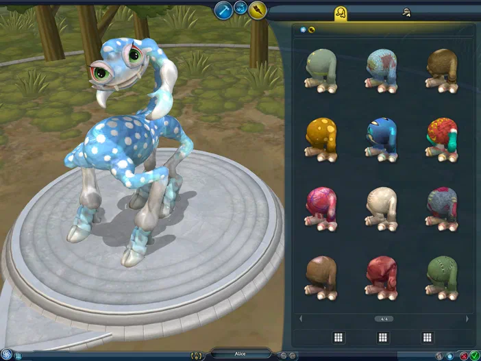 Dans le jeu vidéo Spore : Creepy & Cute Parts Pack, un créature bleue à pois blancs est affichée sur une plateforme de rotation. À droite, une grille présente plusieurs autres modèles d'organismes aux couleurs et formes variées.