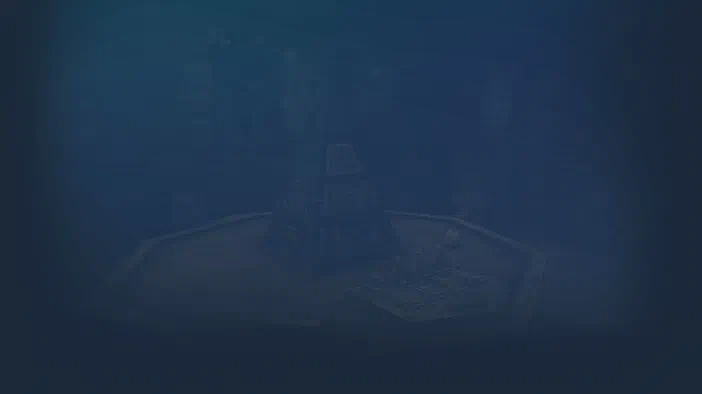 Vue sombre d'une pièce circulaire avec un objet pyramidal au centre dans le jeu vidéo The Room Three.