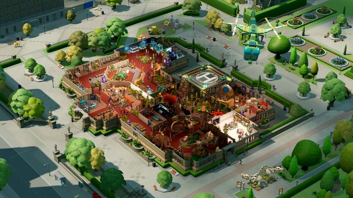 Vue aérienne d'un musée coloré et animé dans le jeu Two Point Museum