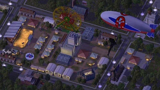 Vue aérienne d'une ville de SimCity avec un manège et un dirigeable.
