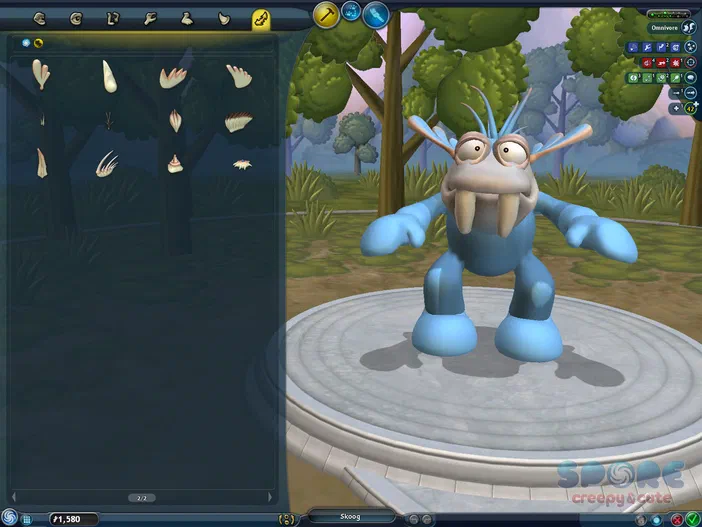 Capture d'écran du jeu vidéo Spore montrant un créature bleue avec des défenses sur une plateforme de création.
