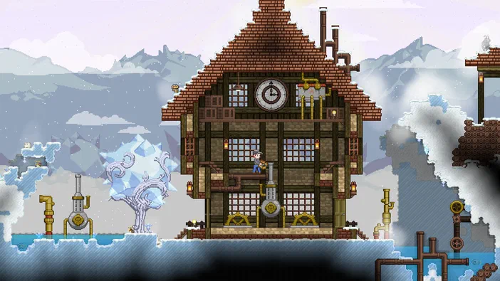 Capture d'écran du jeu vidéo Starbound montrant un personnage sur une plateforme de maison en bois avec des tuyaux et des engrenages dans un environnement enneigé.