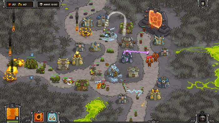 Capture d'écran du jeu de stratégie Kingdom Rush montrant une carte avec des tours et ennemis.