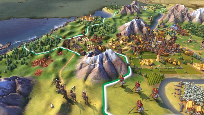 Capture d'écran du jeu Sid Meier's Civilization VI montrant une carte stratégique avec des villes, des unités militaires et un terrain varié incluant de la mer, des montagnes et des forêts.
