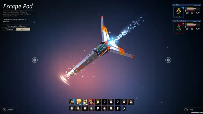 Capture d'écran du jeu Dungeon of the ENDLESS™ montrant une capsule de sauvetage en orbite avec des options de difficulté et un menu de sélection de personnages.