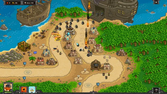 Capture d'écran du jeu Kingdom Rush Frontiers montrant une carte de stratégie avec des tours et des unités sur un terrain côtier.