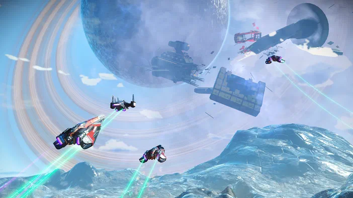 Dans le jeu vidéo No Man's Sky, plusieurs vaisseaux spatiaux se battent au-dessus d'une planète bleue avec des lasers verts.