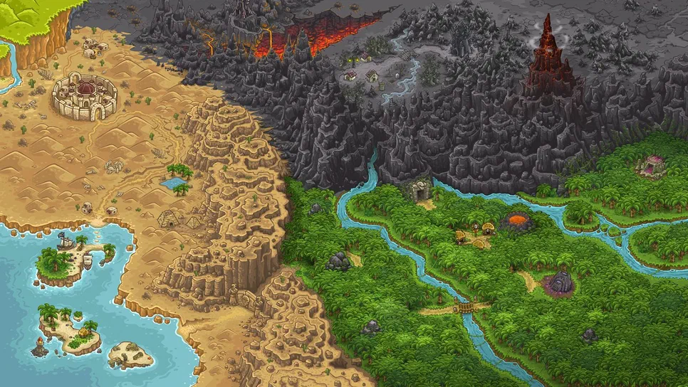 Kingdom Rush Frontiers Carte de jeu Kingdom Rush Frontiers montrant des environnements variés incluant une plage, un désert et une forêt tropicale avec des rivières.