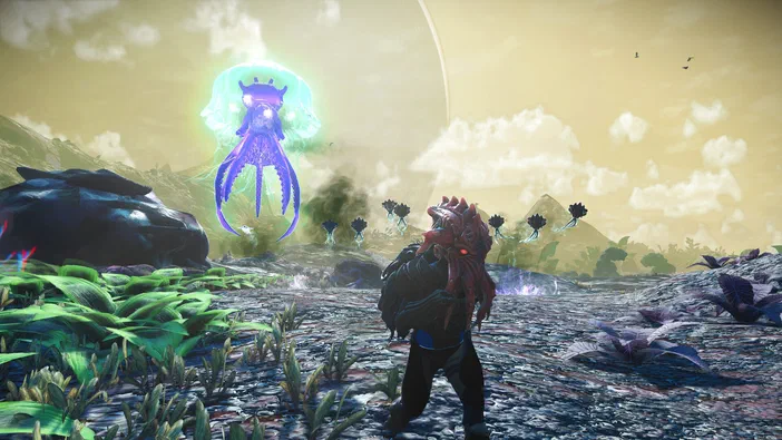 Dans le jeu vidéo No Man's Sky, un personnage se tient sur une planète étrange face à une créature lumineuse flottante.