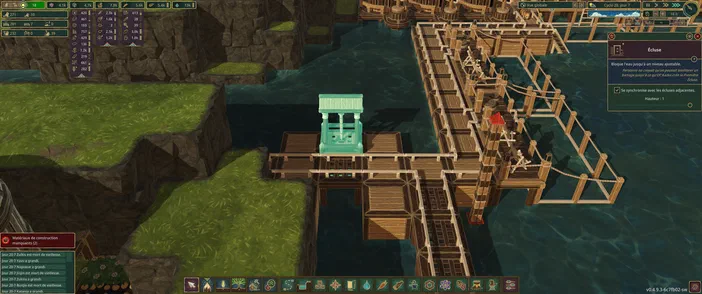 Vue de jeu du titre Timberborn montrant une structure en bois sur l'eau avec un bâtiment turquoise et des éléments d'interface utilisateur.