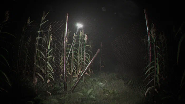 Capture d'écran du jeu Unknown Tapes montrant une scène nocturne avec des haies et un lampadaire allumé.