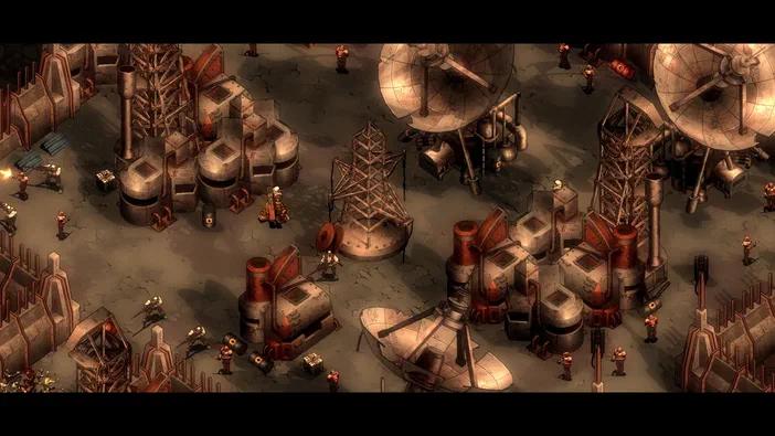 Capture d'écran du jeu vidéo They Are Billions montrant une base fortifiée avec des structures industrielles et des défenses contre les zombies.