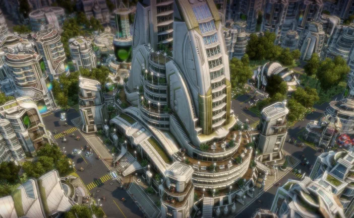 Vue aérienne d'une ville futuriste avec des gratte-ciels blancs et verts dans le jeu vidéo Anno 2070.