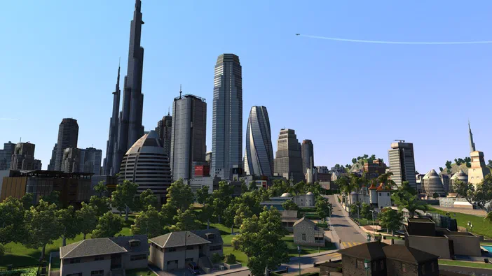 Vue d'un paysage urbain virtuel avec des gratte-ciels et des maisons dans le jeu Cities XL Platinum.