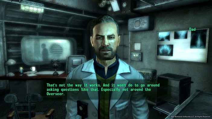 Dans Fallout 3 - Game of the Year Edition, un personnage masculin en blouse blanche explique que l'Overseer ne tolère pas les questions.