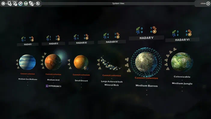 Vue de l'interface du jeu vidéo ENDLESS Space™ - Definitive Edition affichant une vue système avec six planètes nommées HADARI à VI, chacune dotée d'une icône et d'un statut indiquant si elle est colonisable ou non.