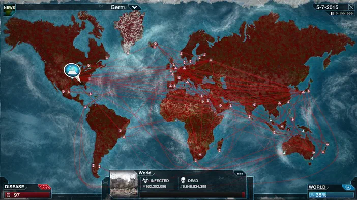 Capture d'écran du jeu vidéo Plague Inc: Evolved montrant une carte mondiale infectée par un virus rouge avec des statistiques de morts et d'infections.