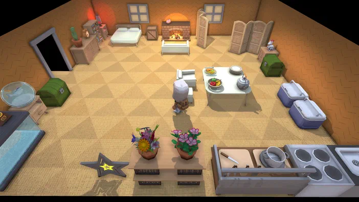 Vue d'une chambre dans le jeu vidéo Dinkum avec un lit, une table basse et des meubles.
