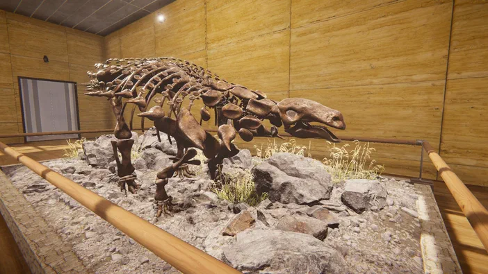 Squelette de dinosaure dans un musée virtuel du jeu Dinosaur Fossil Hunter