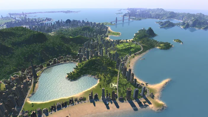 Vue aérienne d'une ville côtière dans le jeu Cities XL Platinum avec des gratte-ciels et une plage.