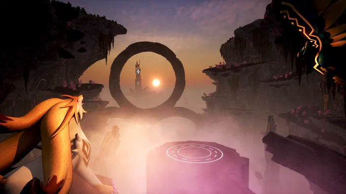 Dans Palworld, un personnage à la fourrure orange observe une structure circulaire en pierre avec le soleil derrière elle dans un paysage de falaises flottantes.