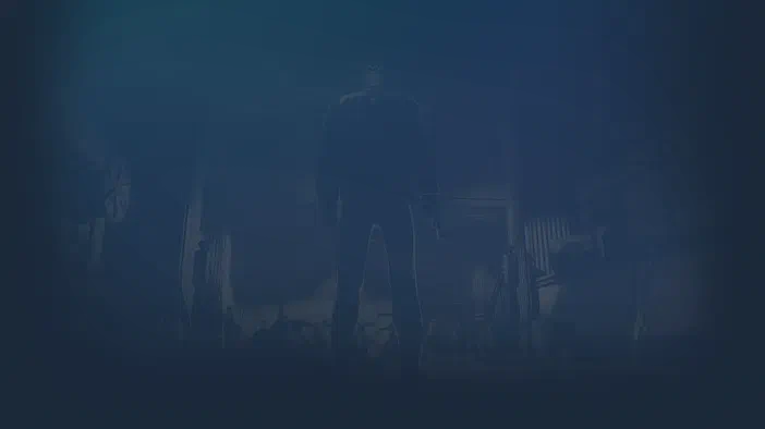 Fond d'écran du jeu Hitman: Absolution montrant une silhouette sombre dans un environnement brumeux et bleu.