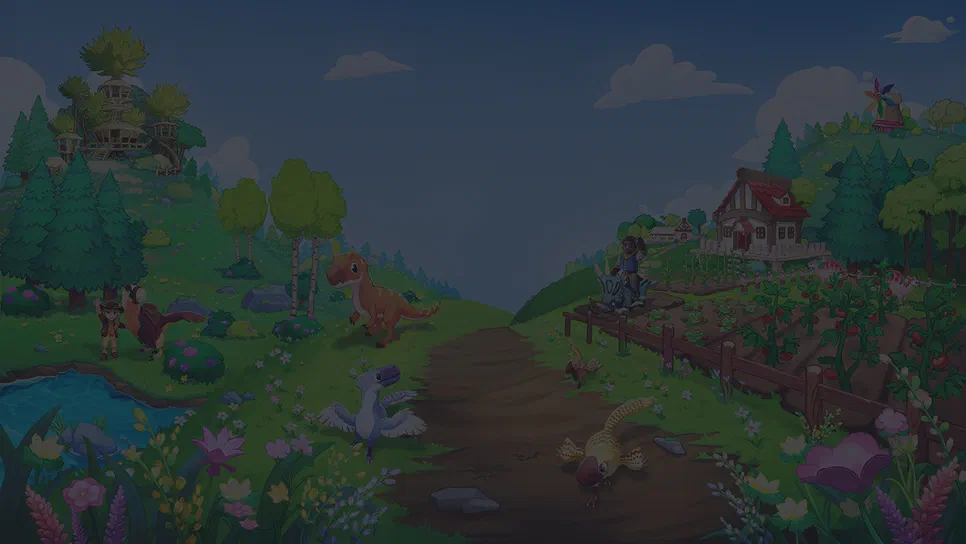 Paleo Pines Paysage de Paleo Pines avec des dinosaures, une maison et un jardin sur les collines