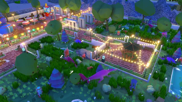 Vue aérienne d'un parc de jeu vidéo avec des dinosaures colorés et une aire éclairée.