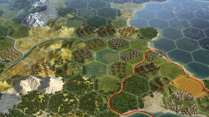 Capture d'écran de Sid Meier's Civilization V montrant une carte hexagonale avec des unités militaires et des villes sur un terrain varié incluant montagnes, forêts et côtes.