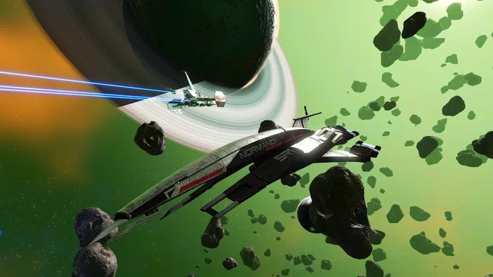 Dans le jeu vidéo No Man's Sky, un vaisseau spatial navigue parmi des astéroïdes devant une planète à anneaux.