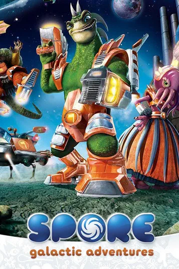 Affiche du jeu vidéo Spore Galactic Adventures avec des créatures alien et un vaisseau spatial dans l'espace.