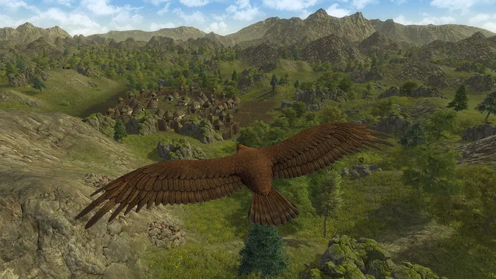 Capture d'écran du jeu vidéo Dawn of Man montrant un aigle brun en vol au-dessus d'un paysage de collines verdoyantes et de montagnes rocheuses avec des huttes préhistoriques.